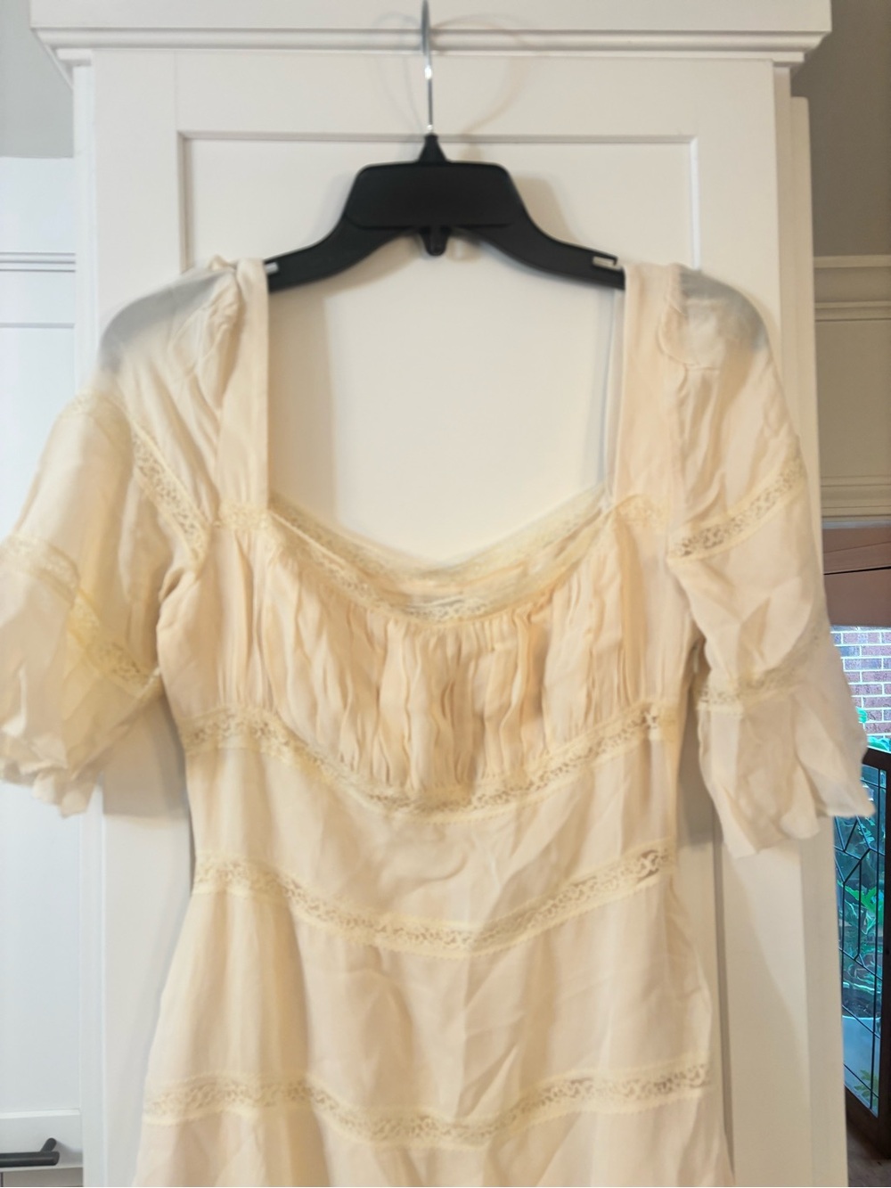 new Reformation Laverna lace inset mid bell sleeve midi dress in cream - Picture 7 of 11